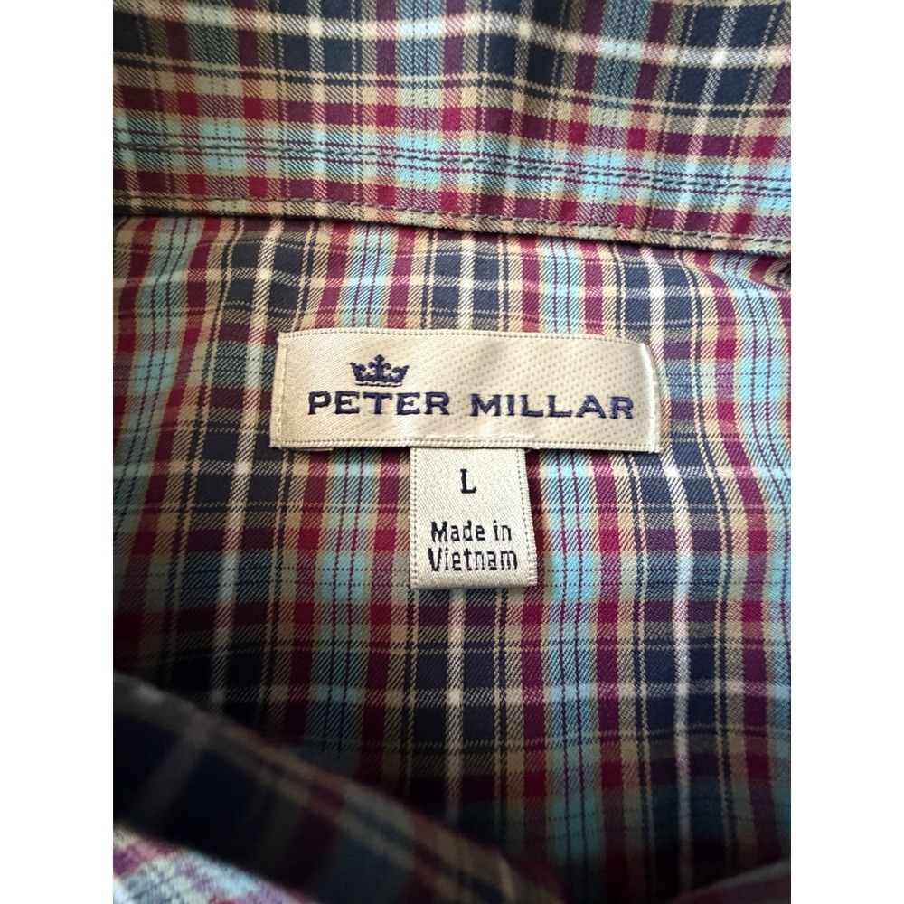 Peter Millar Long Sleeve Button Up Shirt Red Blue Plaid Oak Hill CC Large JBHS - Picture 9 of 10